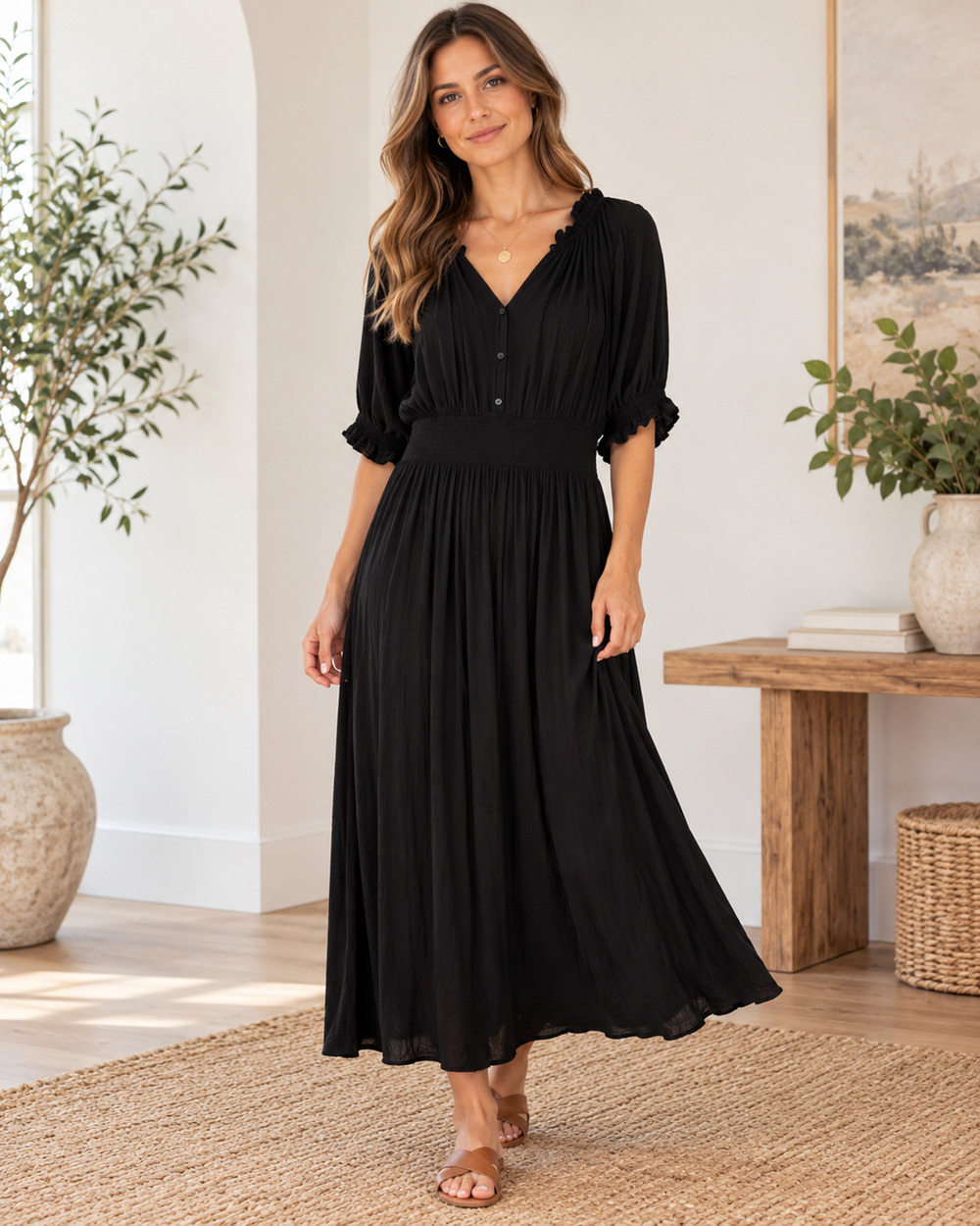 Gap Womens Maxi Dress XL Black Tiered Minimalist Cottage Boho Capsule Romantic